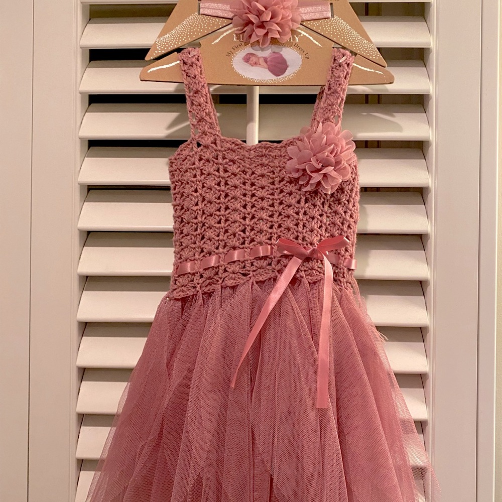 Elly & Emmy My First Dress Up Crochet Pink Tutu Dress & Headband NWT